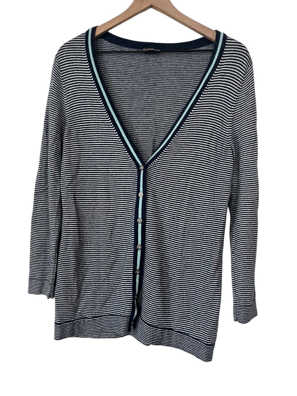 J. Jill Womens Long Sleeve Blue Striped Cardigan Wool Blend Sweater Size Small